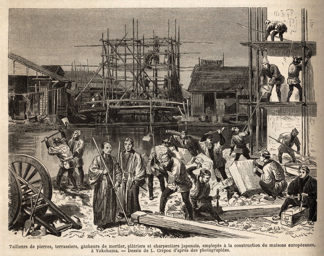 Um estaleiro de construção de uma casa europeia em Edo (Tóquio), com cortadores de pedra, terraços, argamassas, travessas e carpinteiros empregados lá. Gravura para ilustrar a viagem ao Japão, de Aime Humbert, ministro da Confederação Suíça, em 1863-18 de Unknown artist