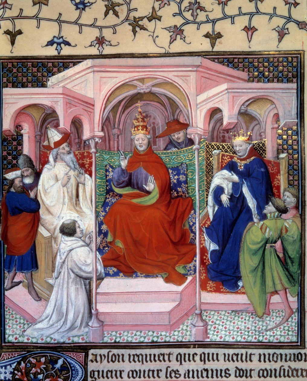 Um conselho presidido pelo Papa Clemente V (1264-1314) (na presença de um rei, provavelmente Filipe, o Bel). Miniatura tirada de La Fleur des histoires de la terre d