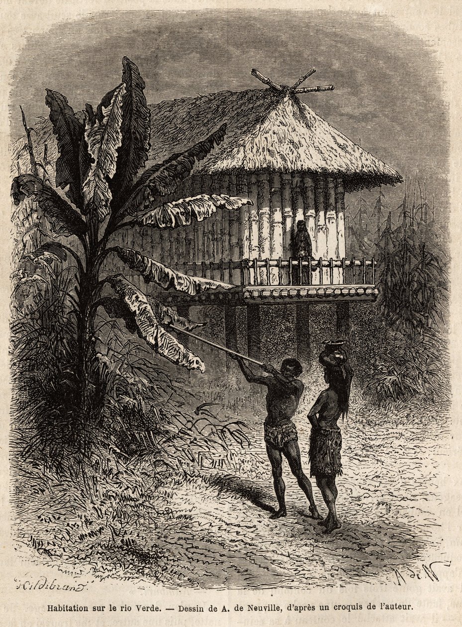 Um casal de índios de Rio Verde (Brasil), o homem com seu sarbacan, em frente a uma casa típica em palafitas. Gravura para ilustrar a viagem a Nova Granada, pelo Dr. Saffray, em 1869, publicada em "Le tour du monde" 1873, editada por Edouard Charton, e de Unknown artist