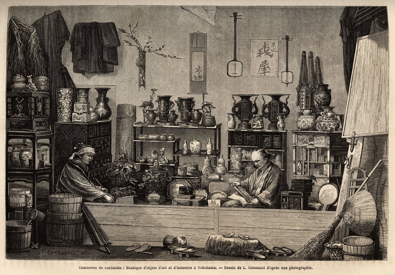 Um negócio de curiosos em Yokohama. Gravura para ilustrar a viagem ao Japão, de Aime Humbert, ministro da Confederação Suíça, em 1863-1864, publicada em "Le tour du monde" 1869, editada por Edouard Charton, edição Hachette, Paris. Selva Collect de Unknown artist