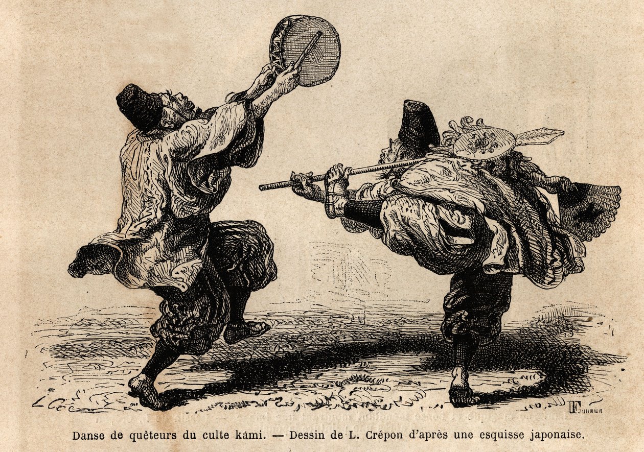 Uma dança da conferência do culto Kami, com recitação de litanias e figuras coreográficas inesperadas. Gravura para ilustrar a viagem ao Japão, de Aime Humbert, ministro da Confederação Suíça, em 1863-1864, publicada em "le tour du monde", de Unknown artist