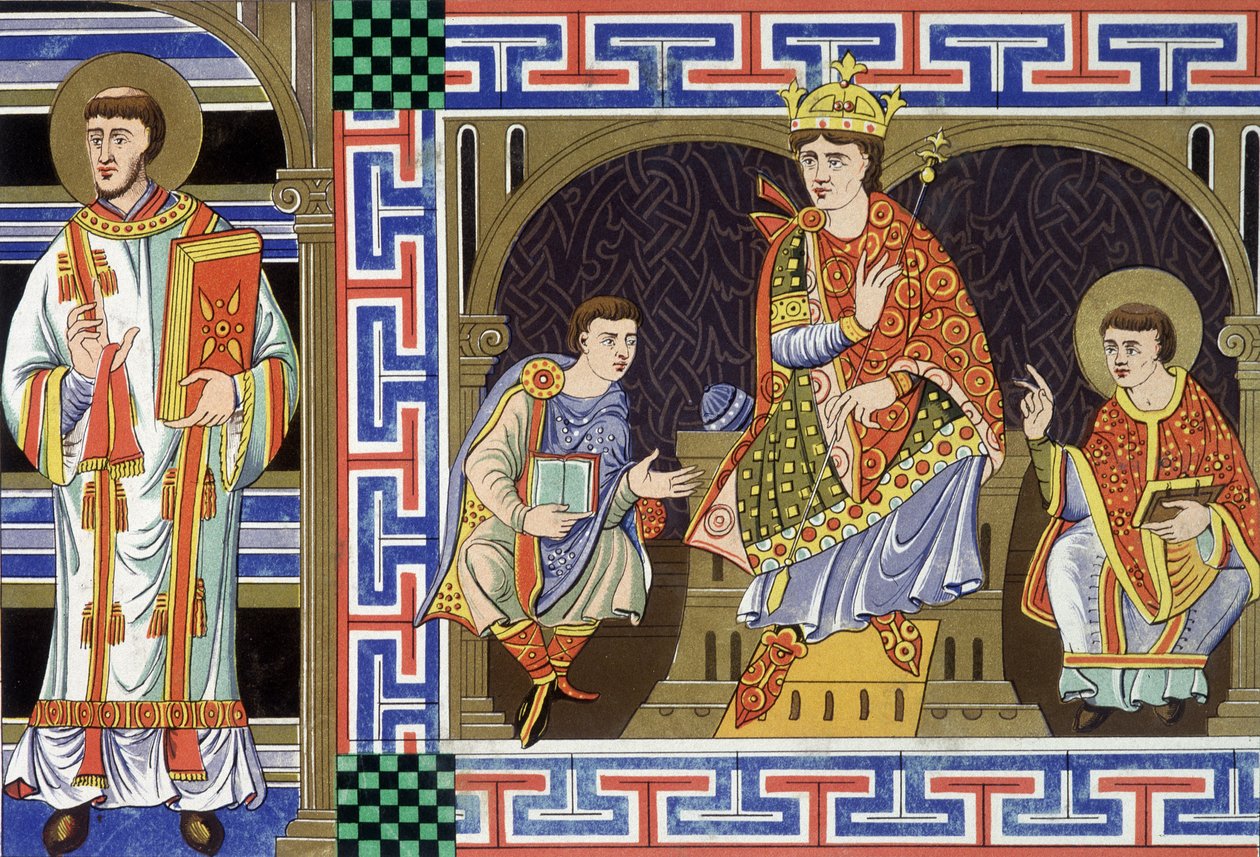 Um diácono, uma figura nobre, um rei e um eveque ilustrando o povo do século X; a Ilustração do século XIX extraída da "França do século X". de Unknown artist