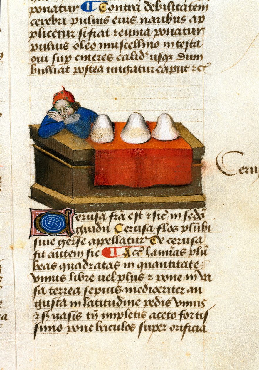 Um comerciante de cervos, usos para cosméticos Descrição de plantas medicinais e como prepará-las. Página manuscrita "Tratamentos sobre ervas" (Tractatus de herbis) por Pedanius Dioscorides (Dioscorides) (40-90 d.C.) Lat.1152 de Unknown artist