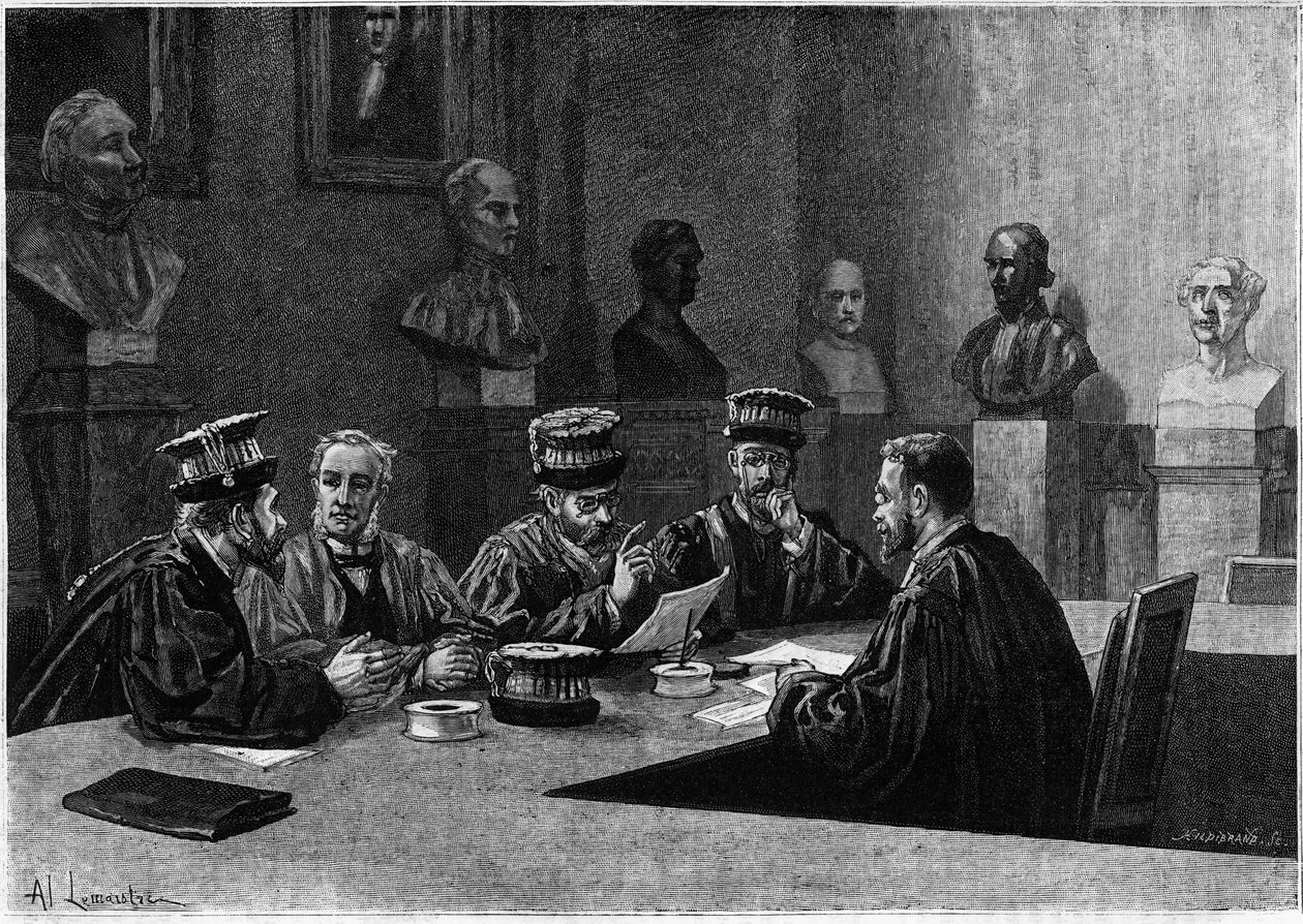 Uma defesa destes desde a escola de medicina do Bairro Latino em Paris. Gravura em "Le journal de la jeunesse". de Unknown artist