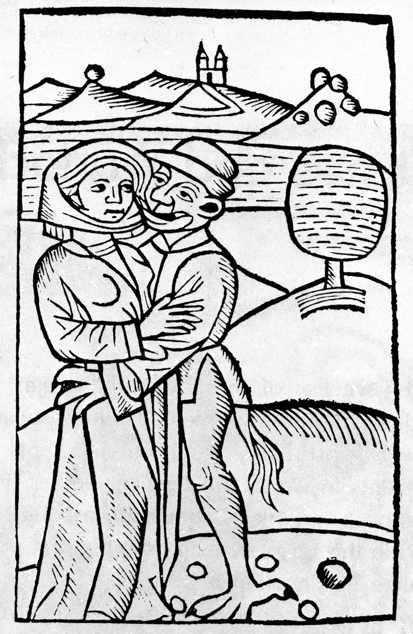 Um demónio beija uma bruxa. xilogravura alemã do século XVI de Unknown artist