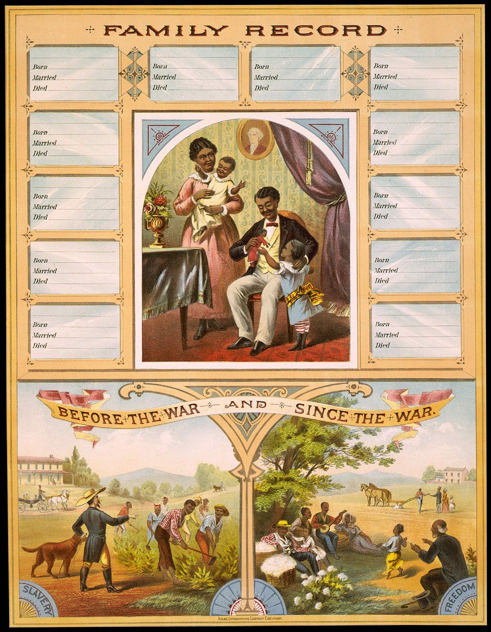 Um diagrama mostrando duas fazendas que comparam escravidão e liberdade. Alta parte reservada para a gravação dos aniversários familiares. Gravação v. 1880. de Unknown artist