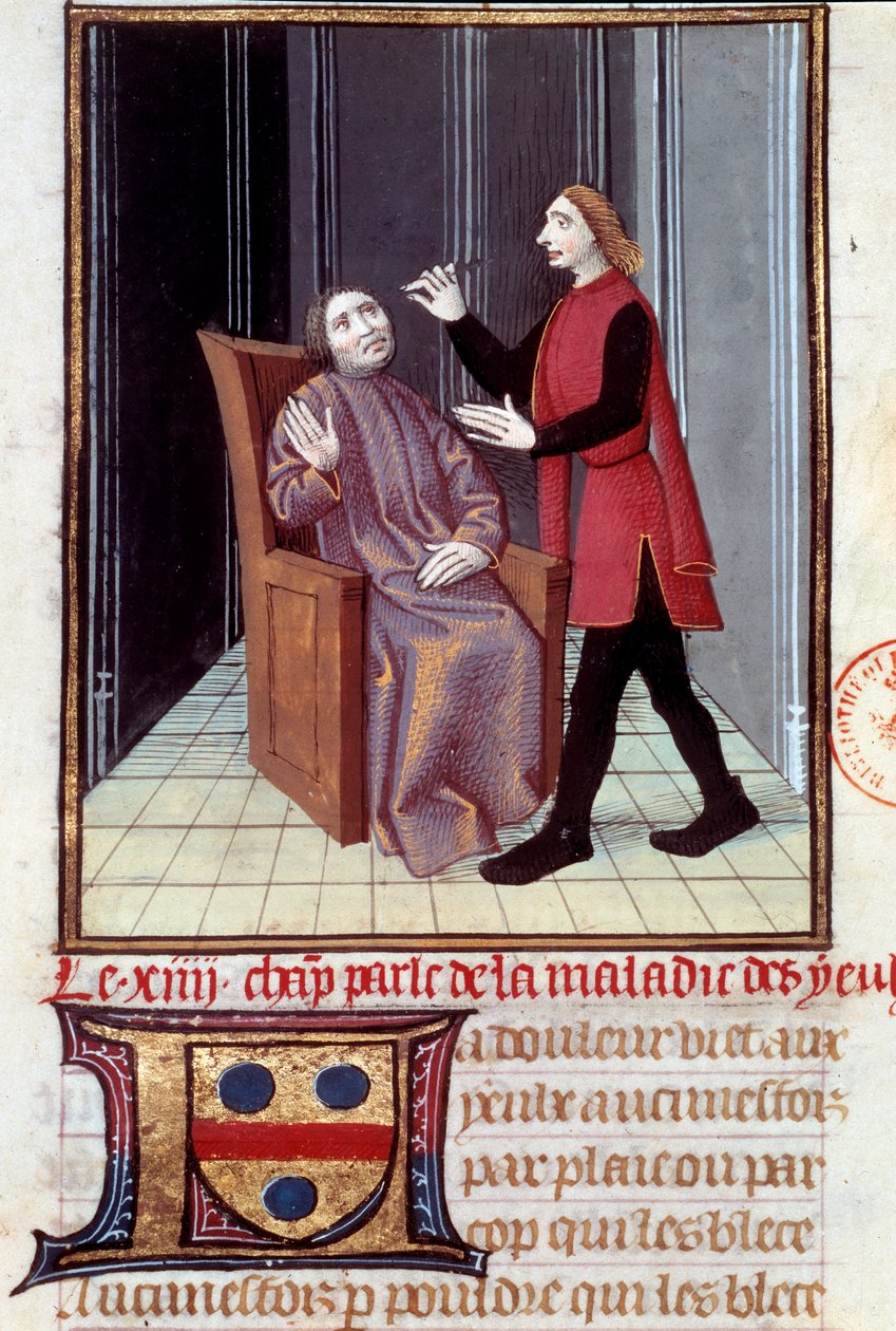 Um médico operando o olho do seu paciente Miniatura tirada da "Histoire de la medecine" Paris do século XVI, B.N. de Unknown artist