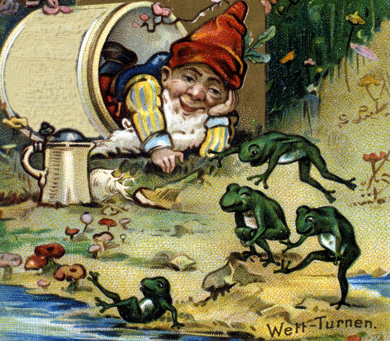Um anão ou um farfadet a brincar com sapos. A cromolitografia do século XIX. de Unknown artist