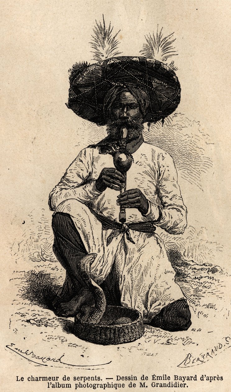 Um faquir, encantador de cobras. Gravura para ilustrar a viagem nas províncias meridionais da Índia, de Alfred Grandidier, em 1862-1864, publicada em "le tour du monde", sob a direção de D
