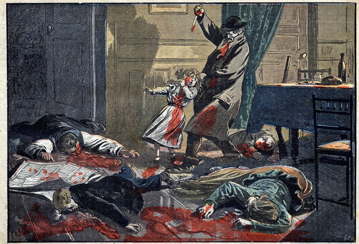 Uma família assassinada: assassinato da família Leblond por Caillard, um forcene, em Nassandre, perto de Bernay. Ilustração em "le Pelerin", de 10 de abril. de Unknown artist