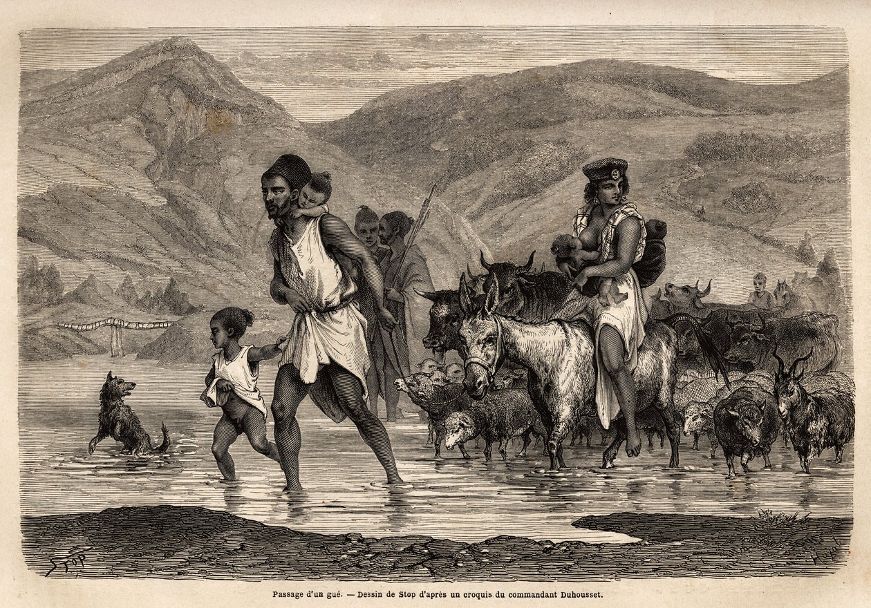 Uma família de pastores Kabyle cruza o wadi Djema para ir à marcha Beni Menguellet, a mais importante da região; o chefe da família se aventura primeiro, seguido por sua família e seu rebanho, as ovelhas primeiro e depois delas a maior parte do gado. Eng de Unknown artist