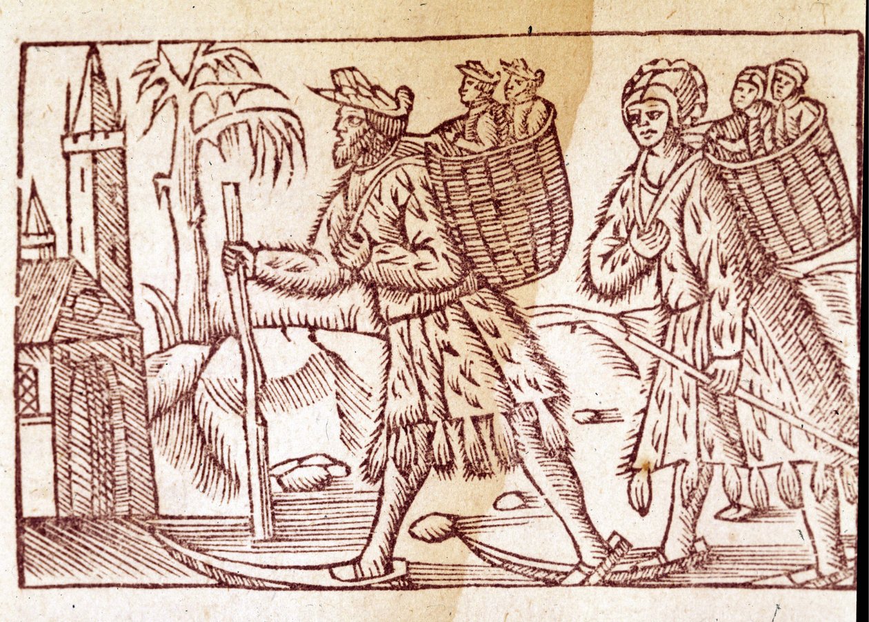 Uma família de noruegueses a viajar em esquis. Gravura de Olaus Magnus (1490 - 1557), religioso e geógrafo sueco, "Historia de Gentis Septentrionalibus", Veneza de Unknown artist