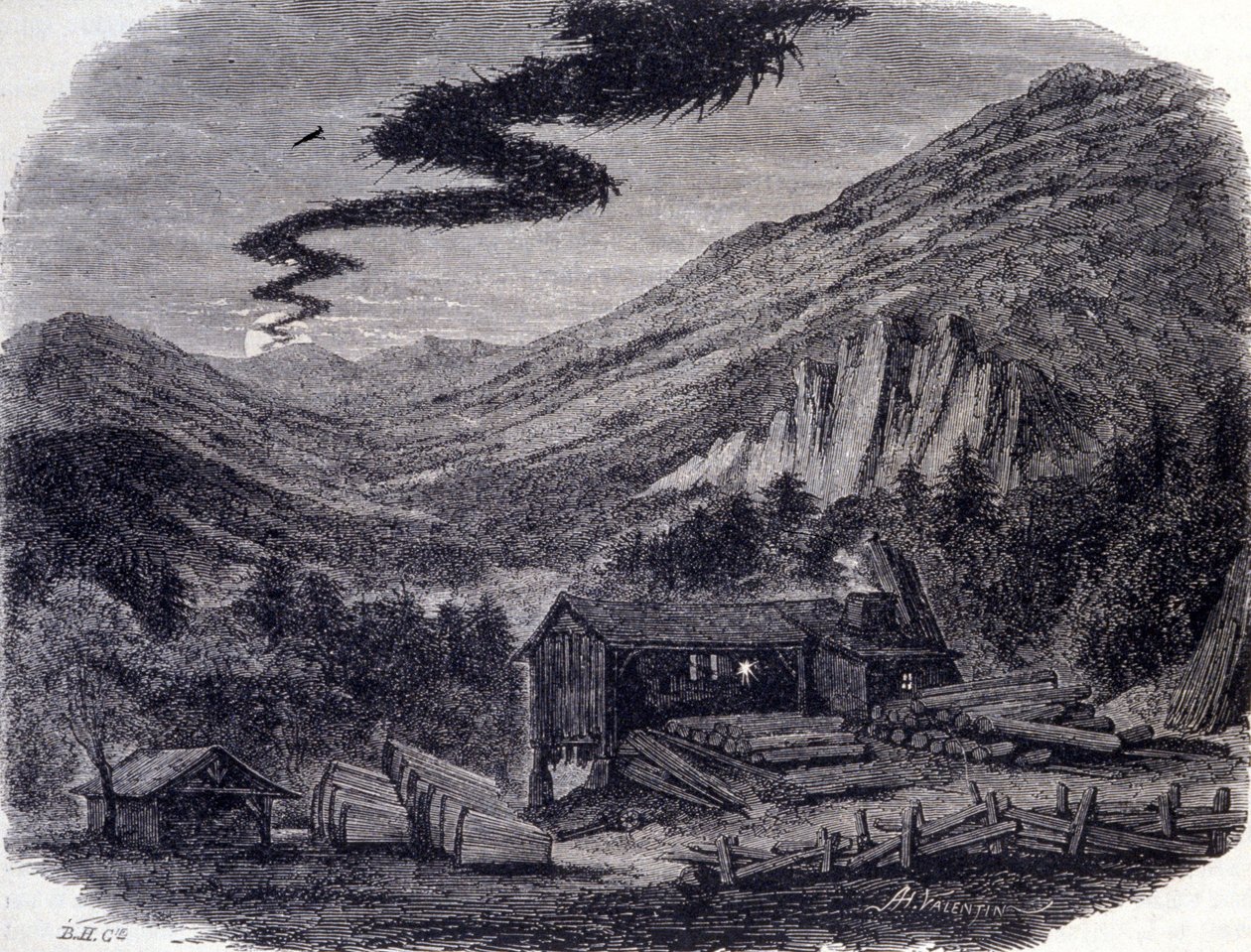 Uma fantástica caça (aerian ou selvagem) ou Menee (o Menee Hellequin) ou Mesnie nos Vosges, uma tentação noturna que de acordo com lendas populares se manifesta após uma maldição ou um sábado de bruxas. A gravura do século XIX de Unknown artist
