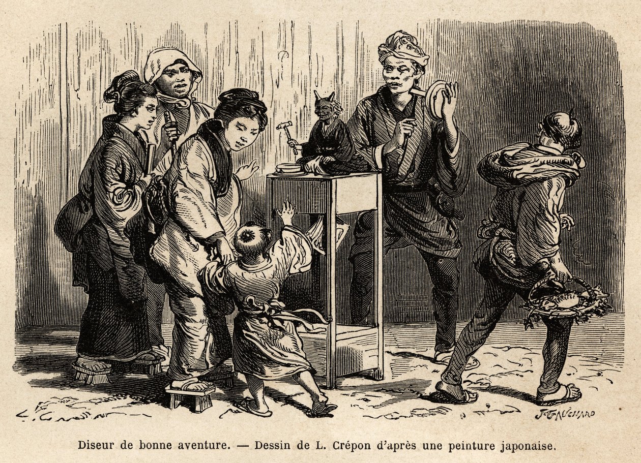 Um cartomante nas ruas de Edo (agora Tóquio). Gravura para ilustrar a viagem ao Japão, de Aime Humbert, ministro da Confederação Suíça, em 1863-1864, publicada em "le tour du monde", sob a direção de Edouard Charton, Hachette, Pari de Unknown artist