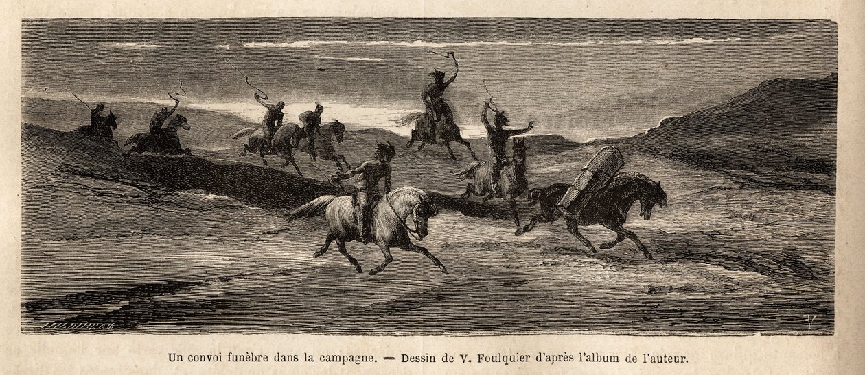 Um comboio fúnebre no campo islandês, dirigido por um cavalo carregando o caixão, seguido por cerca de trinta pessoas e uma manada de cães, gritando e ladrando durante todo o dia, parando em cada casa para beber um copo de álcool, para que o funebre de Unknown artist
