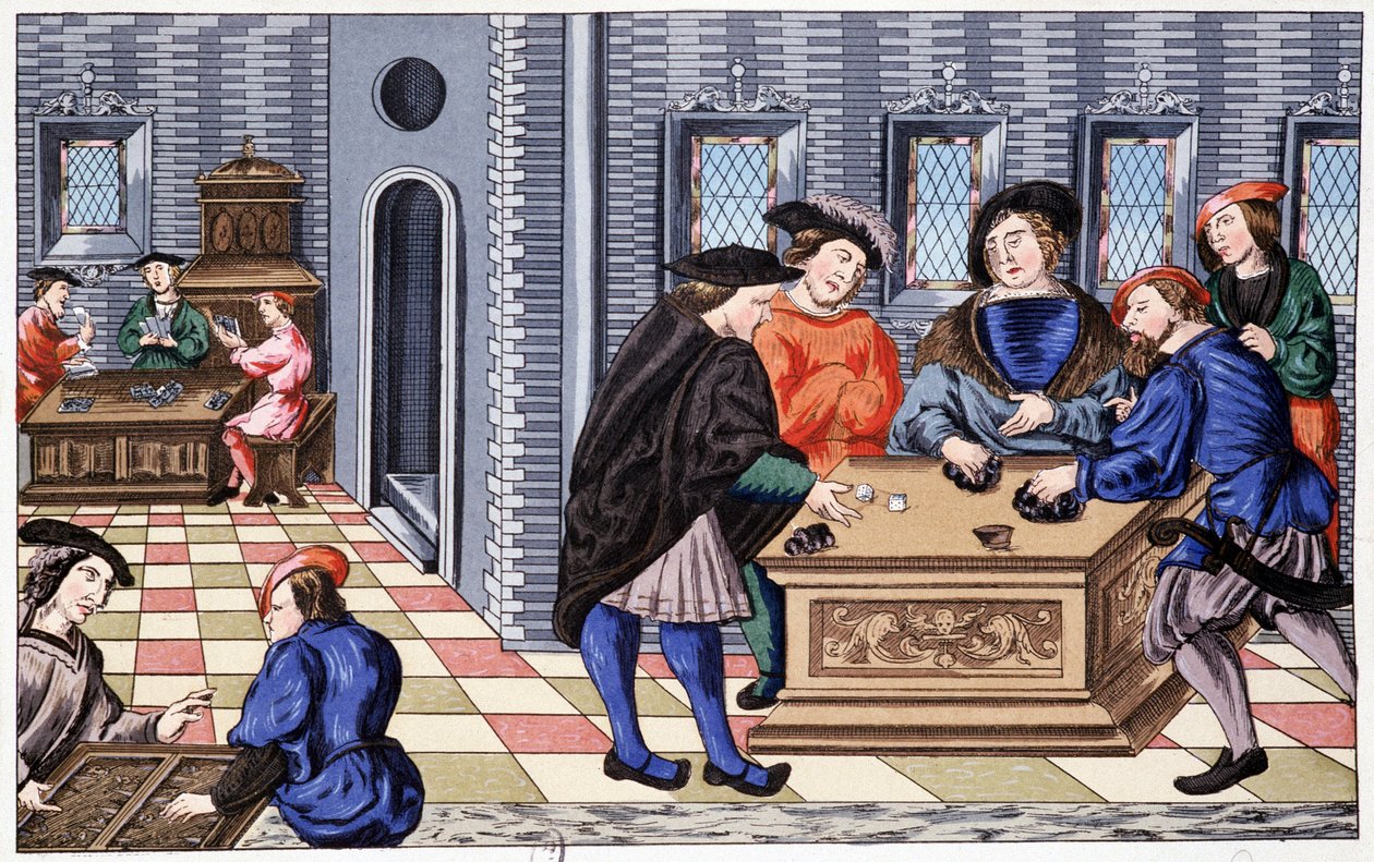 Um game house na era renascentista baseado em uma miniatura sobre Vélin: jogo de agora em diante. Cromolitografia do século XIX de Unknown artist