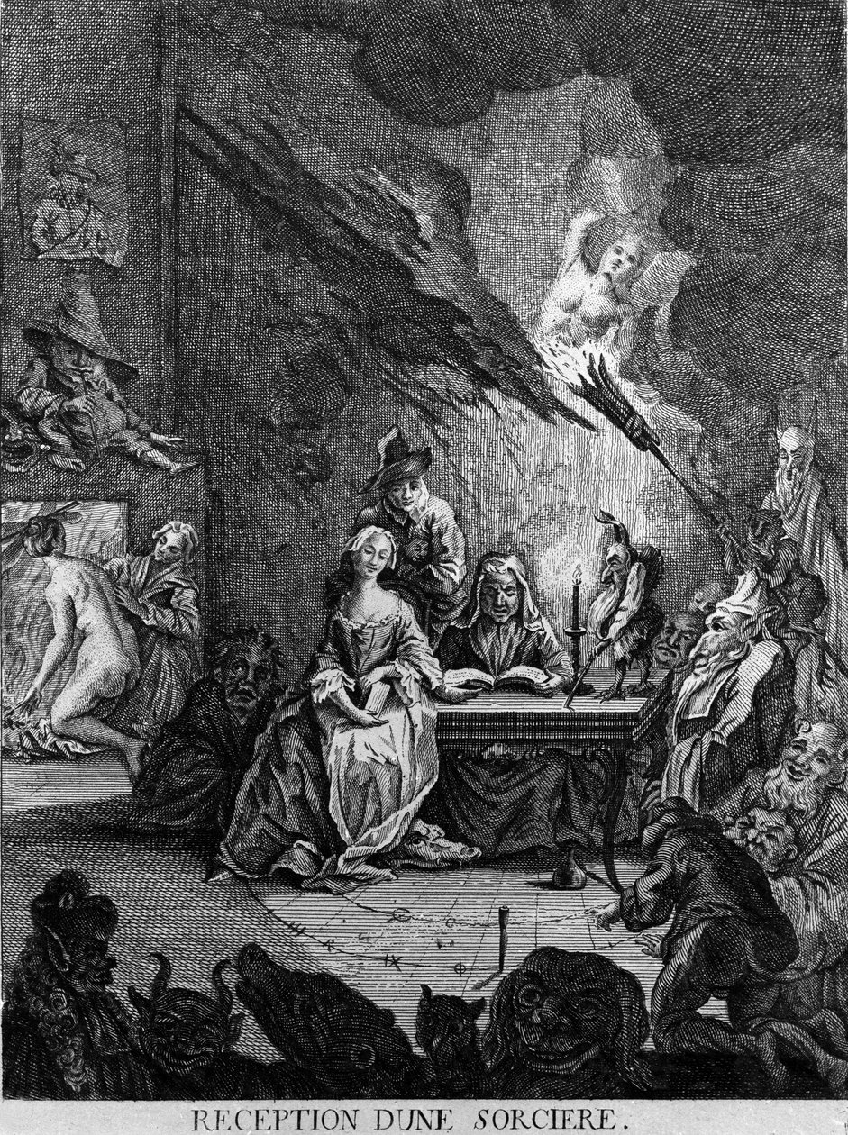 Uma rapariga é recebida por uma bruxa, rodeada por criaturas monstruosas (numa cerimónia de iniciação?). Gravura do século XVII de Unknown artist