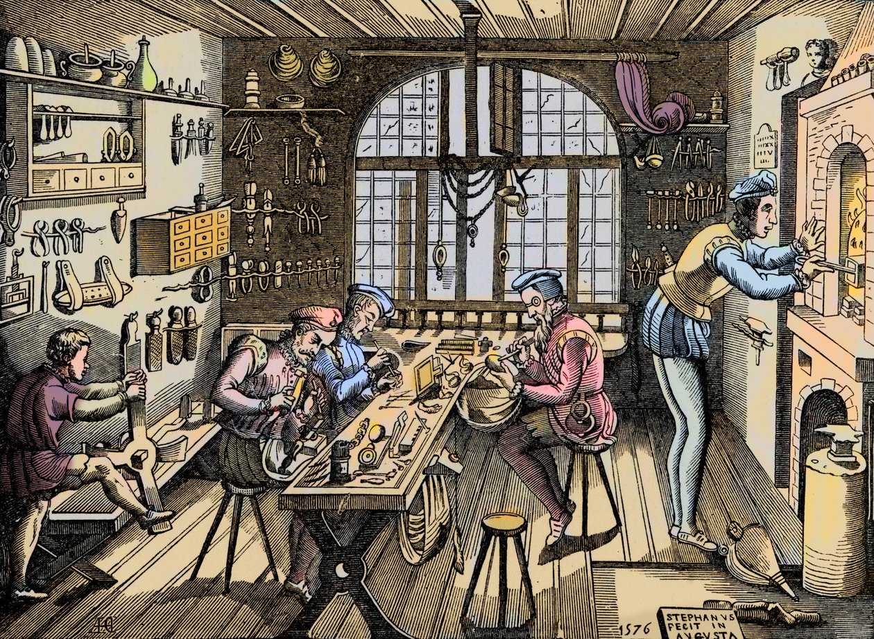 Uma oficina de ourivesaria - Craft: vista da oficina de Etienne Delaune (1518-1583), ourivesaria, gráfica francesa. Gravura depois de um original de 1576. Atelier de Etienne Delaulne, ourivesaria em Paris. de Unknown artist