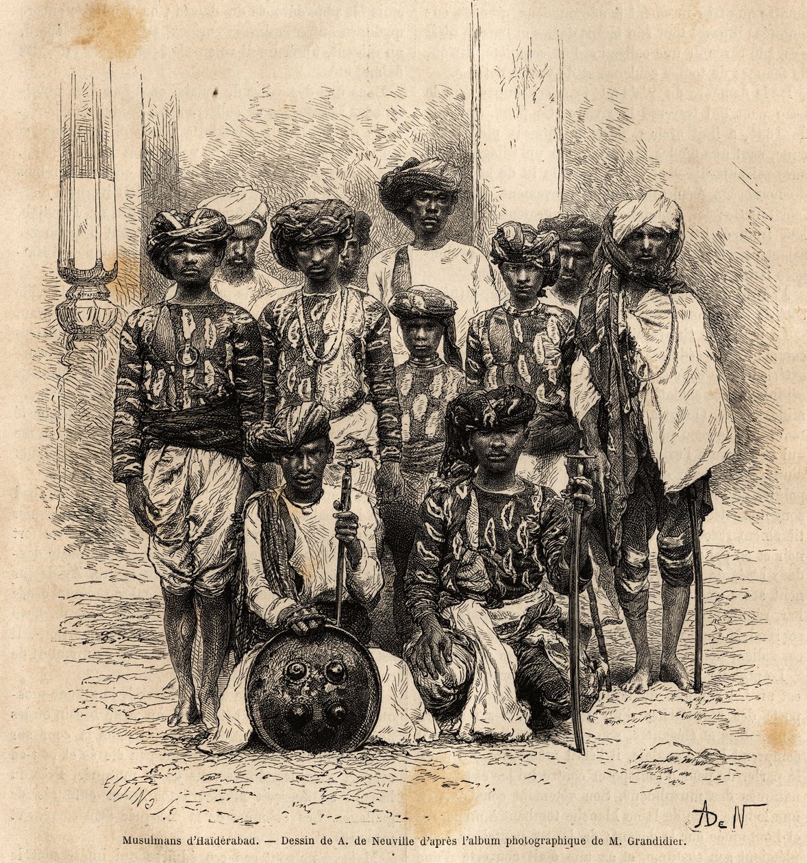Um grupo de homens muçulmanos em Haiderabad, Paquistão. Gravura para ilustrar a viagem nas províncias meridionais da Índia, por Alfred Grandidier, em 1862-1864, publicada em "le tour du monde", sob a direção de D