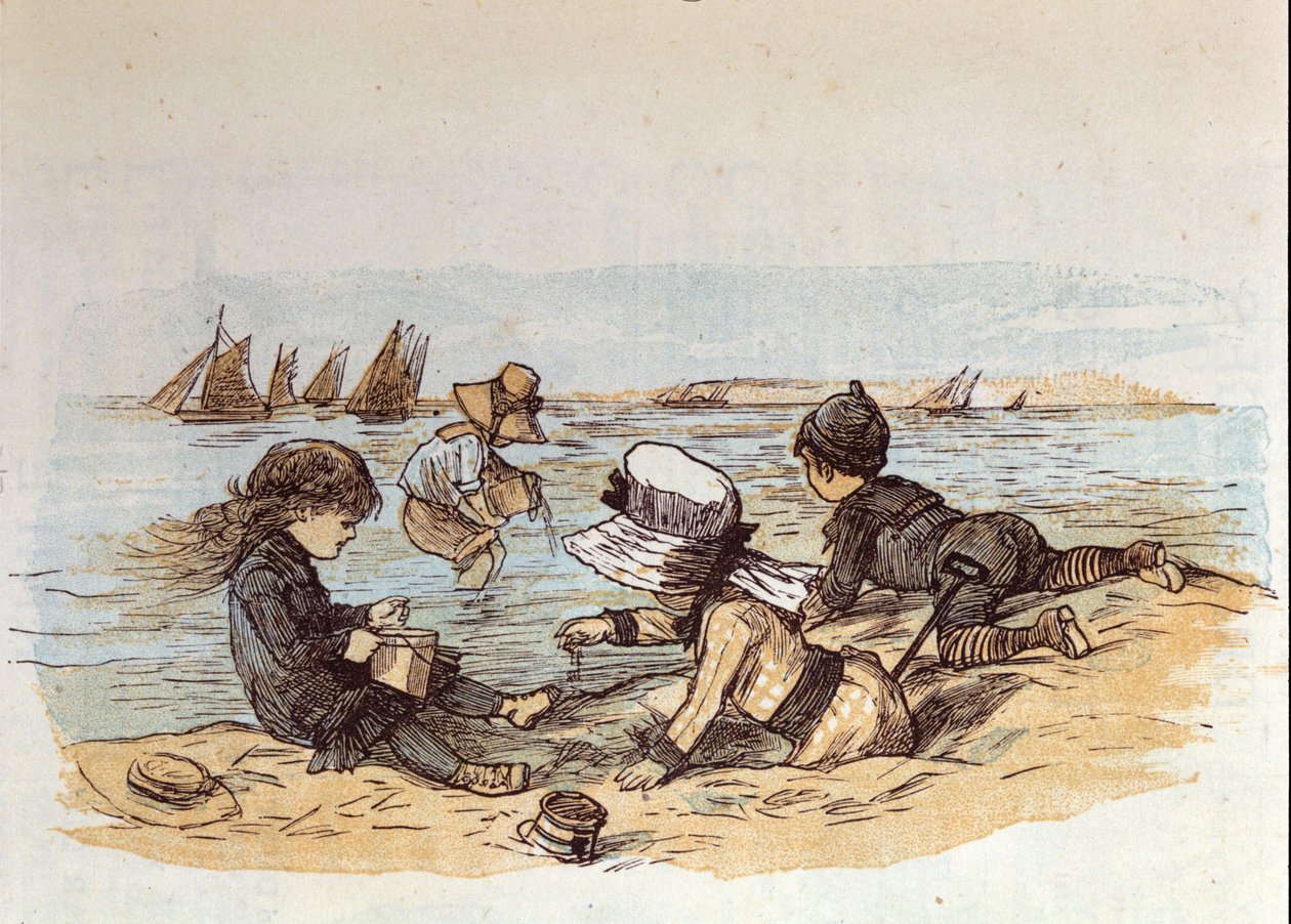 Um grupo de crianças a brincar junto à água na areia. 1881 de Unknown artist