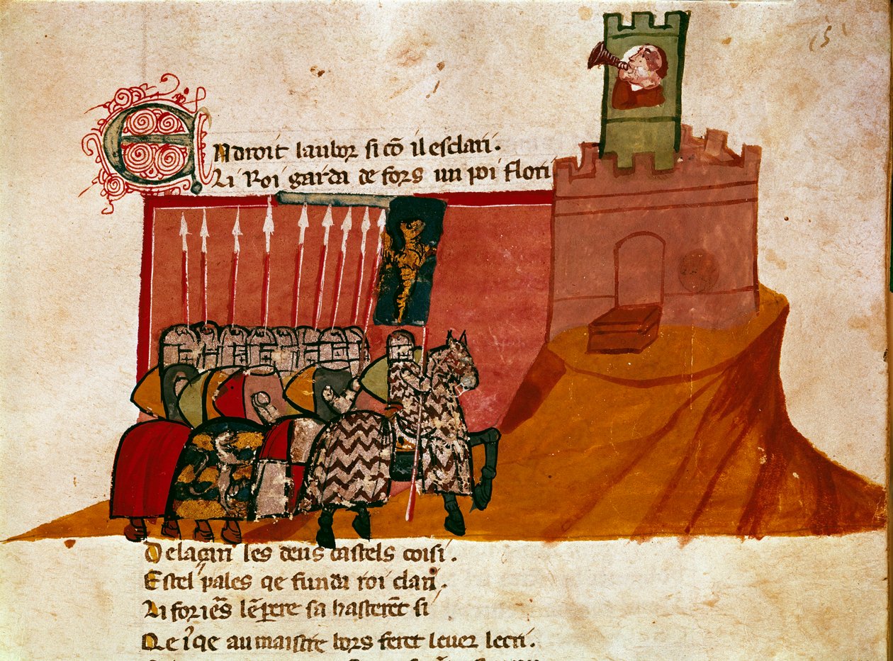 Um grupo de cavaleiros francos chega num castelo miniatura de "Entree of Spain". Veneza do século XIV, Biblioteca Marciana. de Unknown artist
