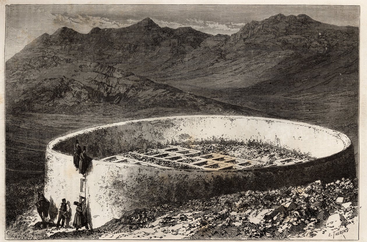 Um cemitério de guebra (ou Zoroastrian) perto de Teerão (Irão), em forma de uma grande torre com uma circunferência de 60 metros e uma altura de 5 metros; o interior é disposto em caixas de maconnated, cada uma serve como uma entrada para os cofres ou os o de Unknown artist