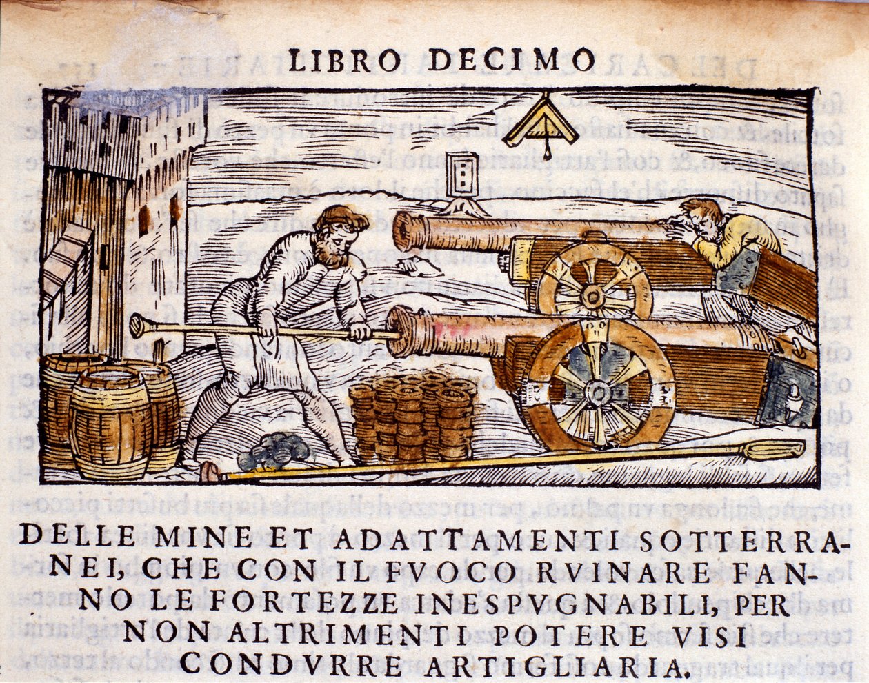 Um artilheiro a carregar uma arma com explosivos. Gravura da ordenha metalúrgica "De la Pyrotechnia" (ou Pirotecnia) de Vannoccio Biringuccio (1480-1539) 1550. de Unknown artist