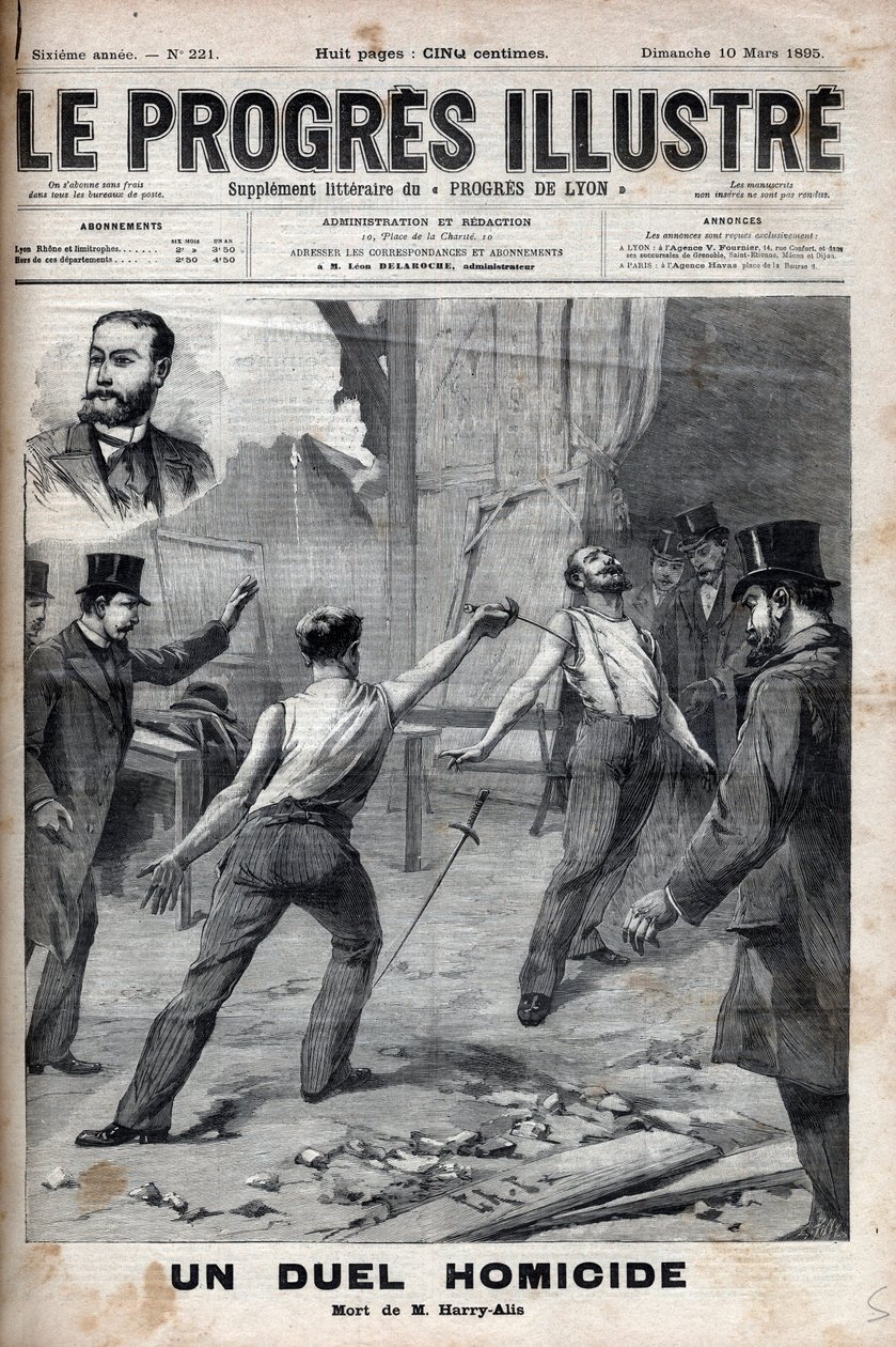 Um duelo de homicídios - Em 1 de março de 1895, um duelo com a lança entre dois membros do Comitê da África Francesa, anteriormente bons camaradas, Alfred Le Chatelier e Hippolyte Percher, também conhecido como Harry Alis, e este de Unknown artist