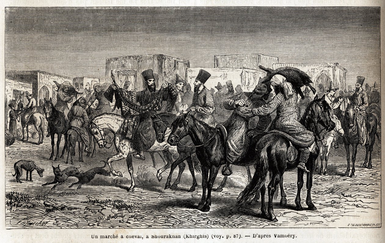Um passeio a cavalo em Shurakhan (Quirguistão ou Quirguistão). Desenho de Emile Bayard (1837-1891), para ilustrar a viagem à Ásia Central, em 1863, de Arminius Vambery (cientista húngaro disfarçado em dervixe). Gravura em "Le tour du monde", editado por Ed de Unknown artist