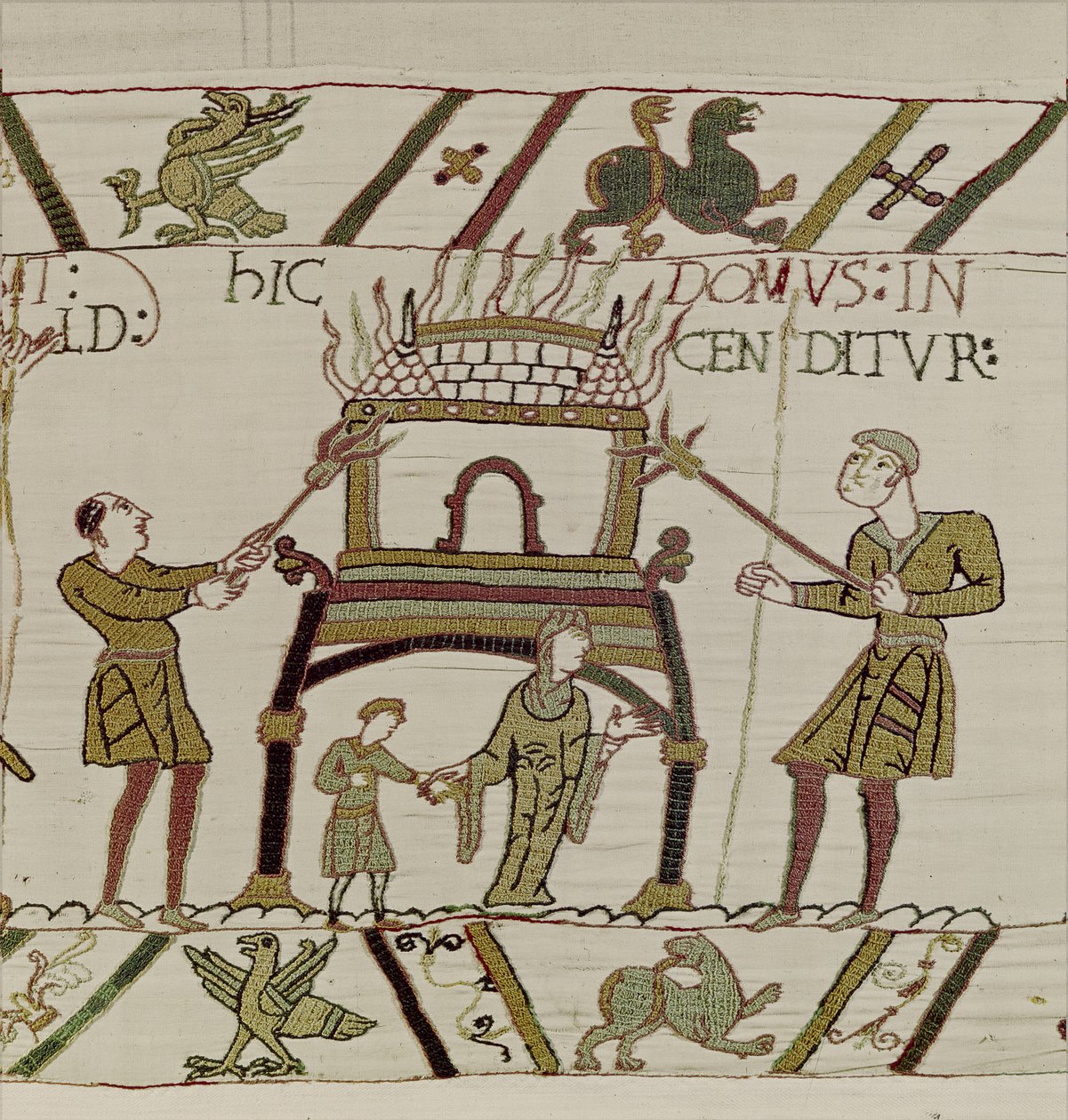Uma casa é queimada pelos normandos, Bayeux Tapestry (bordado de lã em linho) de Unknown artist