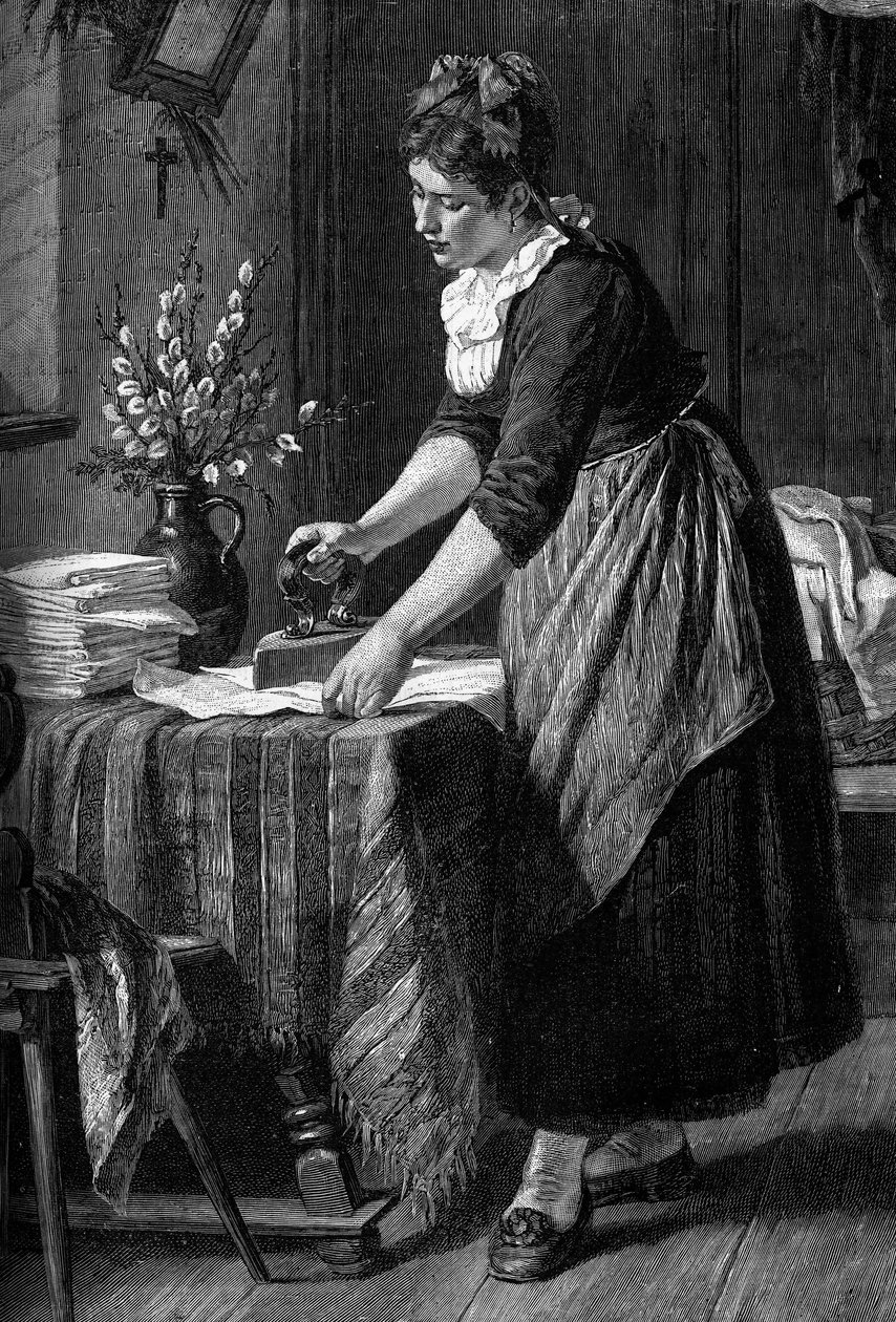 Uma governanta passa a roupa numa casa burguesa. Gravura no diário de "La jeunesse". de Unknown artist