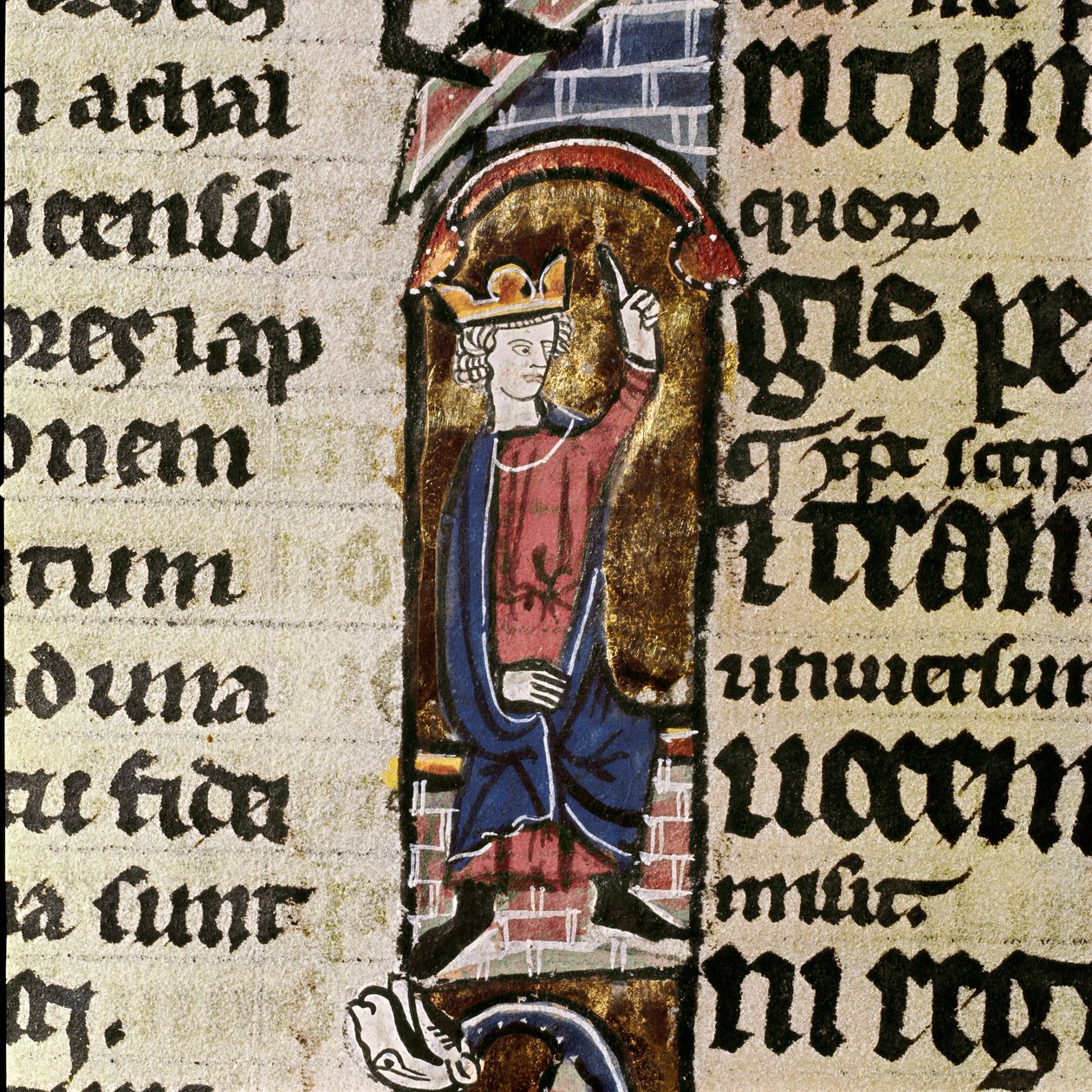 Um rei assistente da reconstrução do templo de Jerusalém Detalhe de uma página manuscrita da Bíblia de São Ludovico. Século XIV Biblioteca Comunale Assises, Itália de Unknown artist