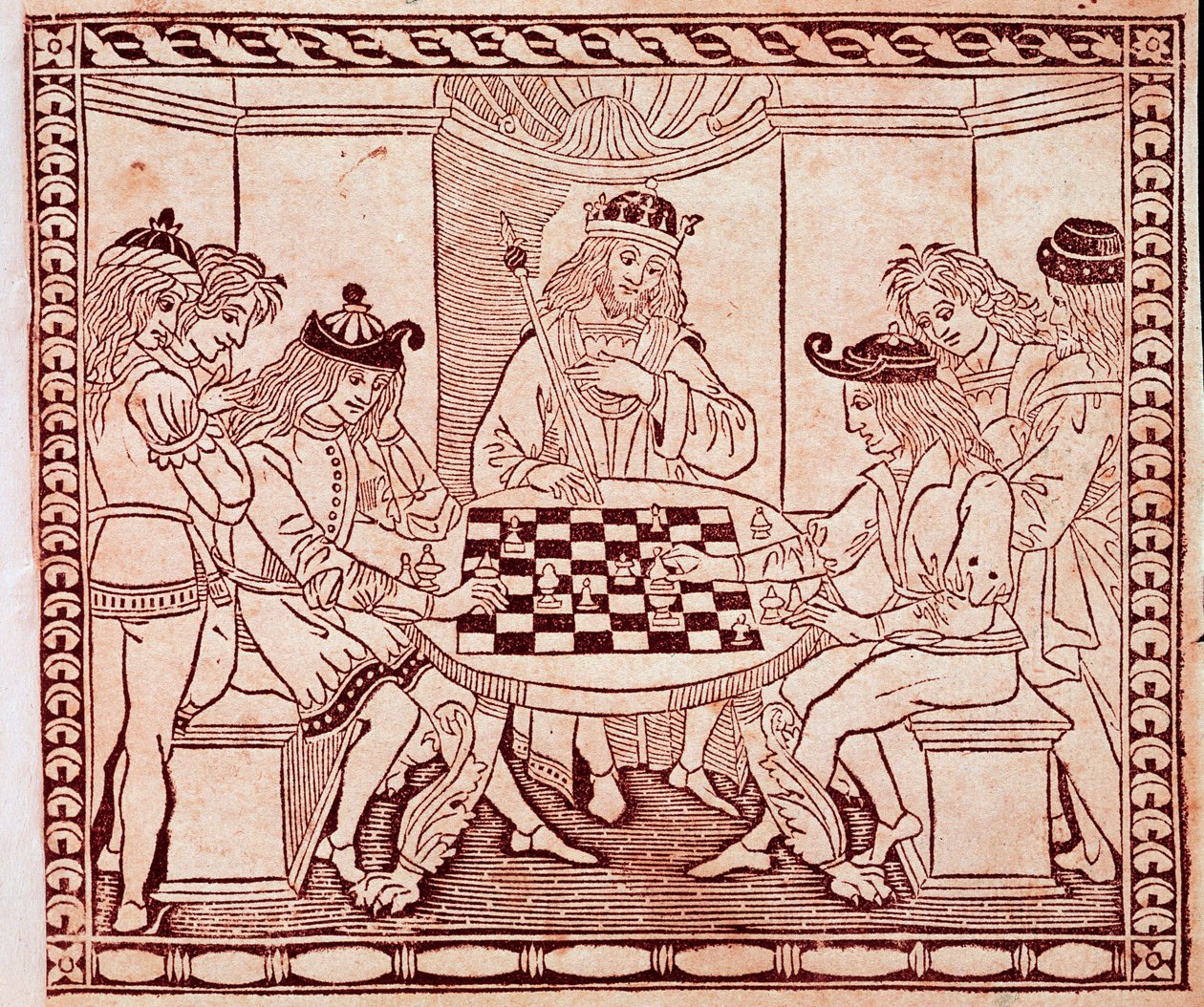 Um rei a ver um jogo de xadrez Xylography from the frontispiece of "De Ludo Scorcorum" de Jacopo de Cessoles (século XIV) Veneza Biblioteca Marciana de Unknown artist