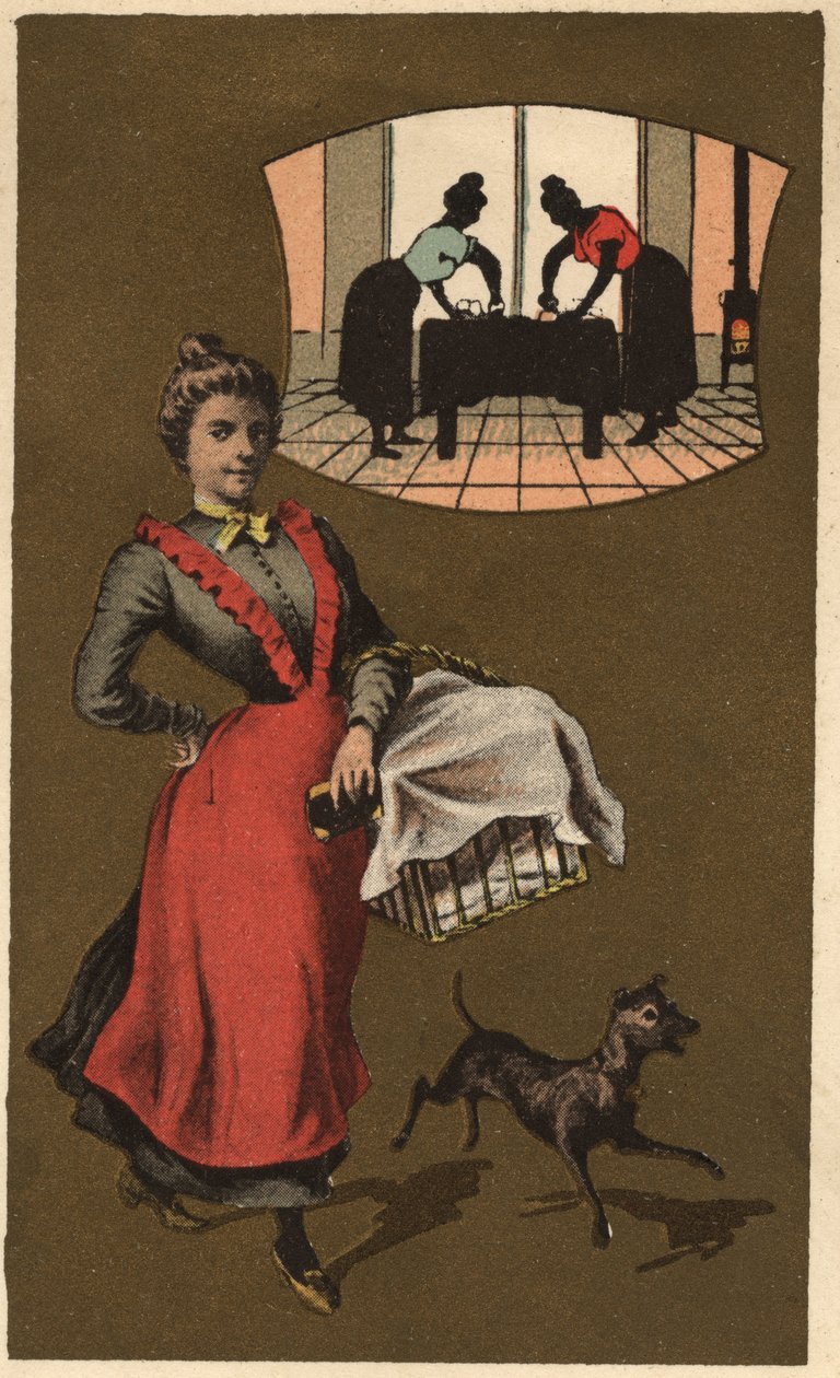 Uma máquina de lavar roupa com roupa dentro de um cesto. Cromolitografia anónima, finais do século XIX. de Unknown artist