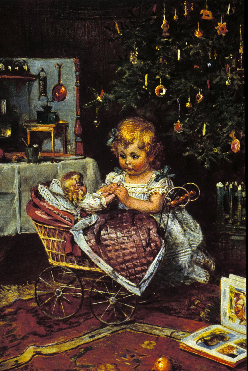 Uma menina descobre a boneca e o carrinho de bebé debaixo da árvore de Natal. Século XIX de Unknown artist