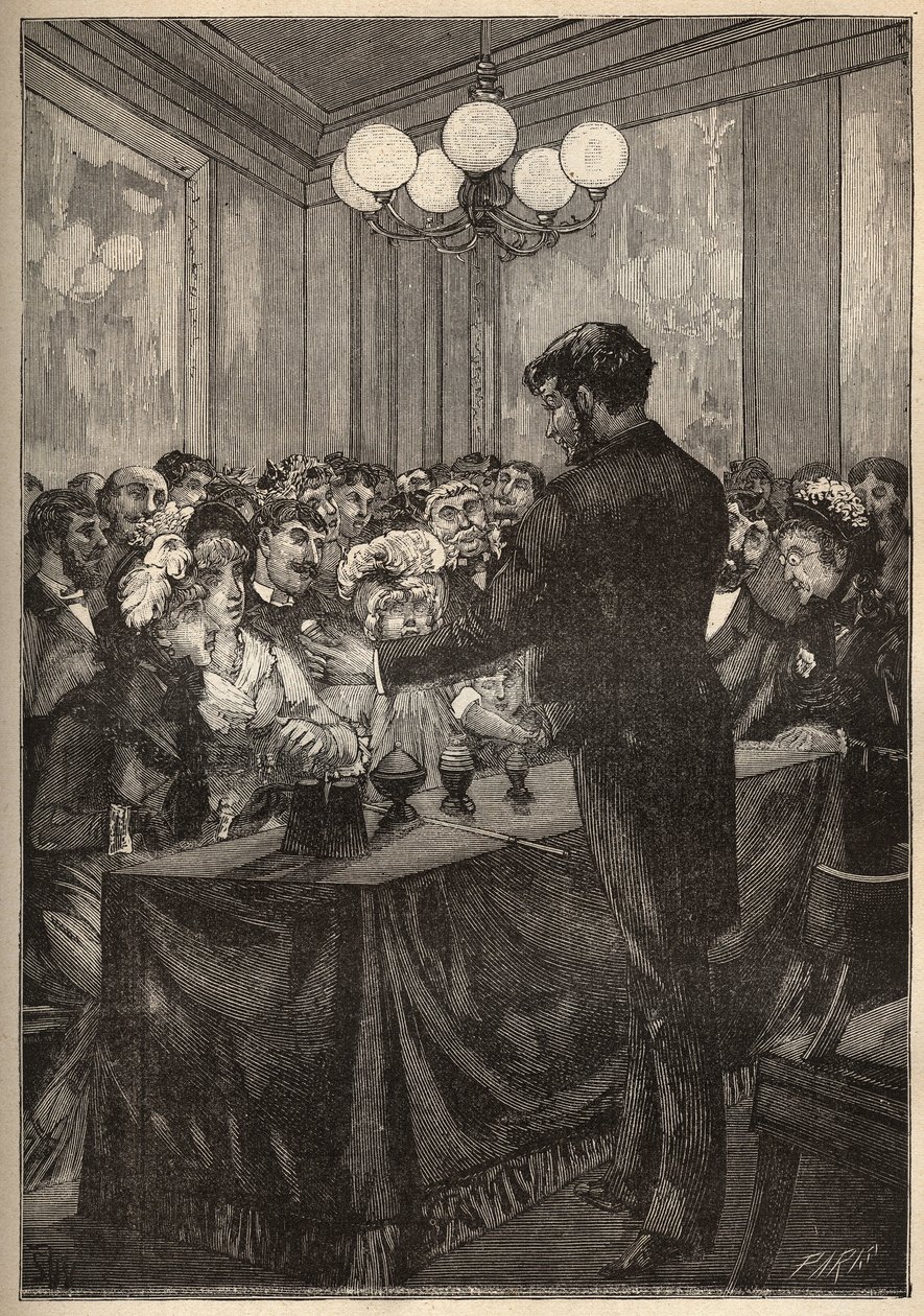 Um mágico que usa uma caixa de noz-moscada para fazer uma bola aparecer e desaparecer. Gravura de 1885 em "Les arts et metiers illustres" de Adolphe BITARD. de Unknown artist