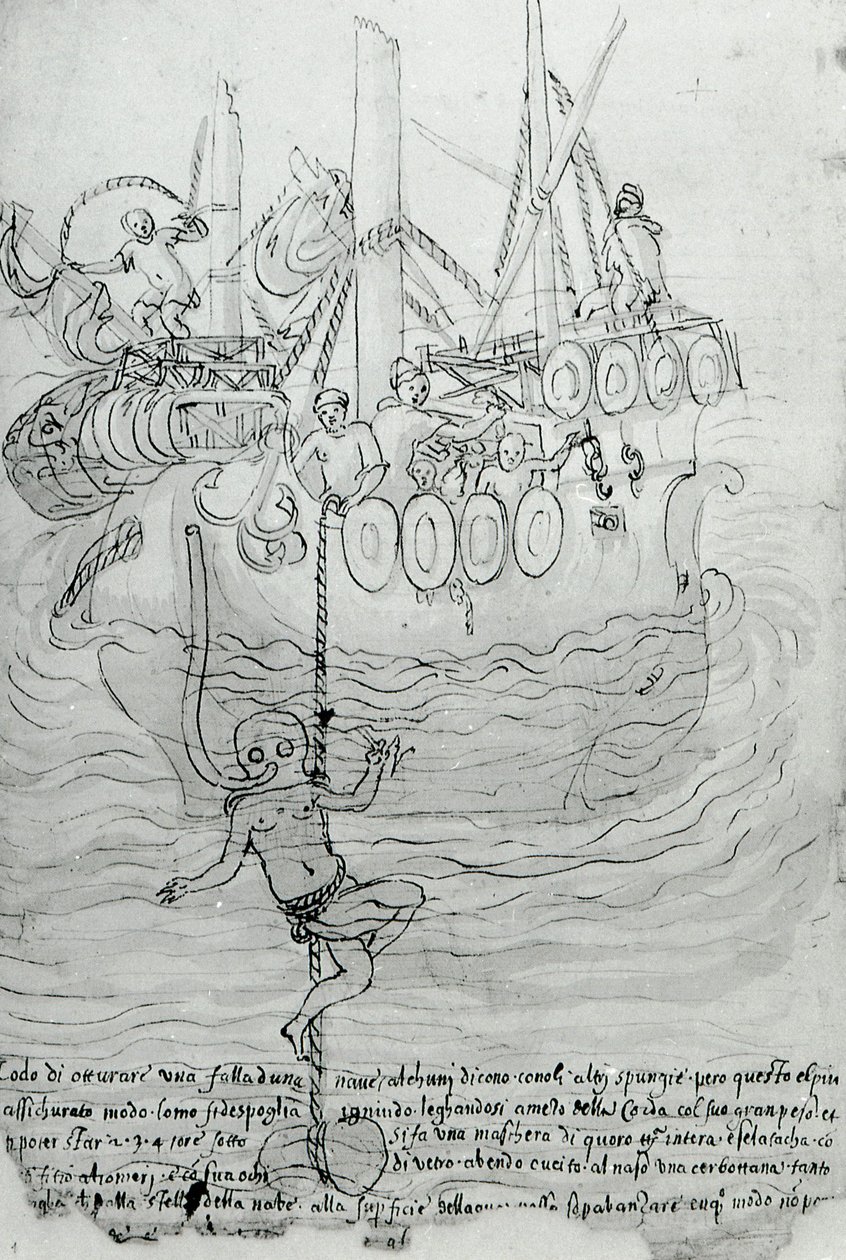 Um homem tenta reparar o casco de um barco com uma máscara. de Unknown artist
