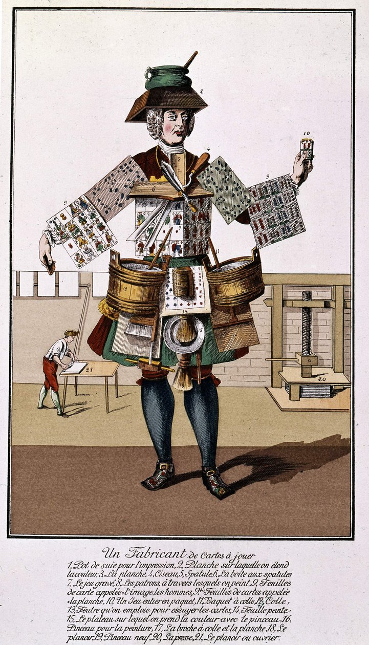 Um fabricante de cartas de jogo. Gravura dos séculos XVII a XVIII depois de "As Cartas de Jogo". de Unknown artist