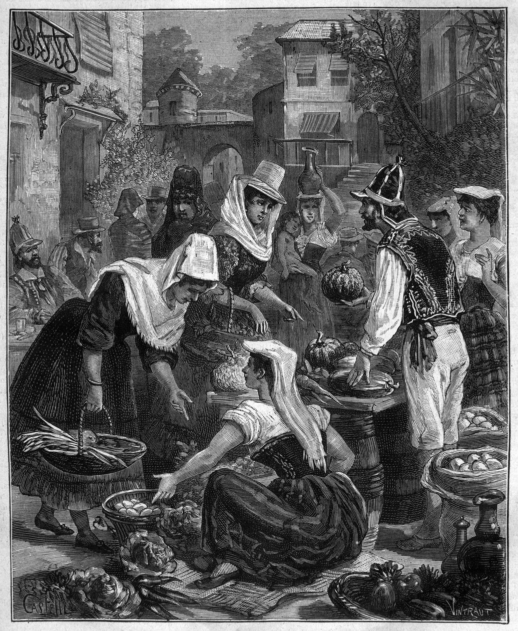 Um dia de mercado em Tenerife (Tenerife) nas Ilhas Canárias no Oceano Atlântico - Um dia de passeio em Tenerife (Tenerife) nas Ilhas Canárias no Oceano Atlântico - gravura de 1888 de Unknown artist