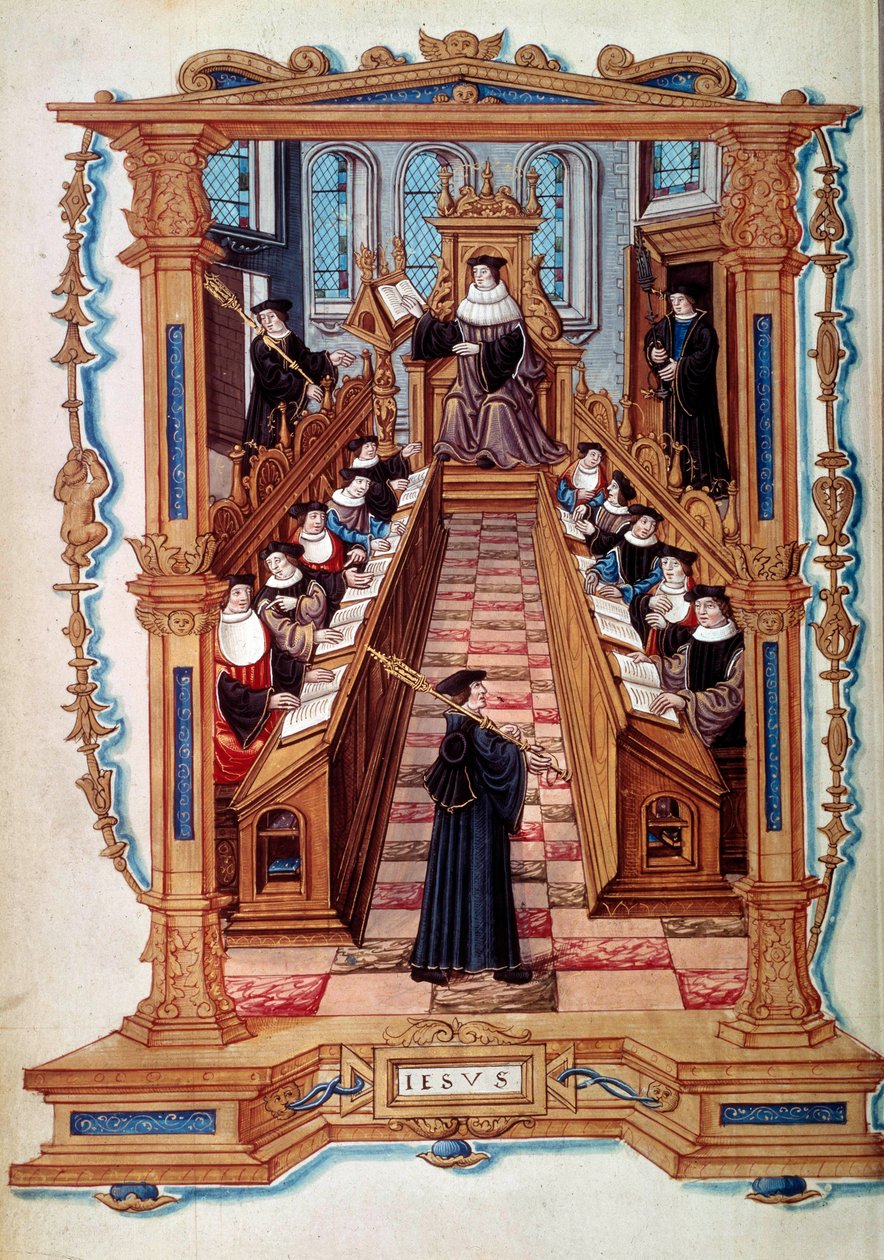 Uma corte de mestre numa sala da Universidade da Sorbonne em Paris, na Idade Média. De uma miniatura. Século XVI de Unknown artist