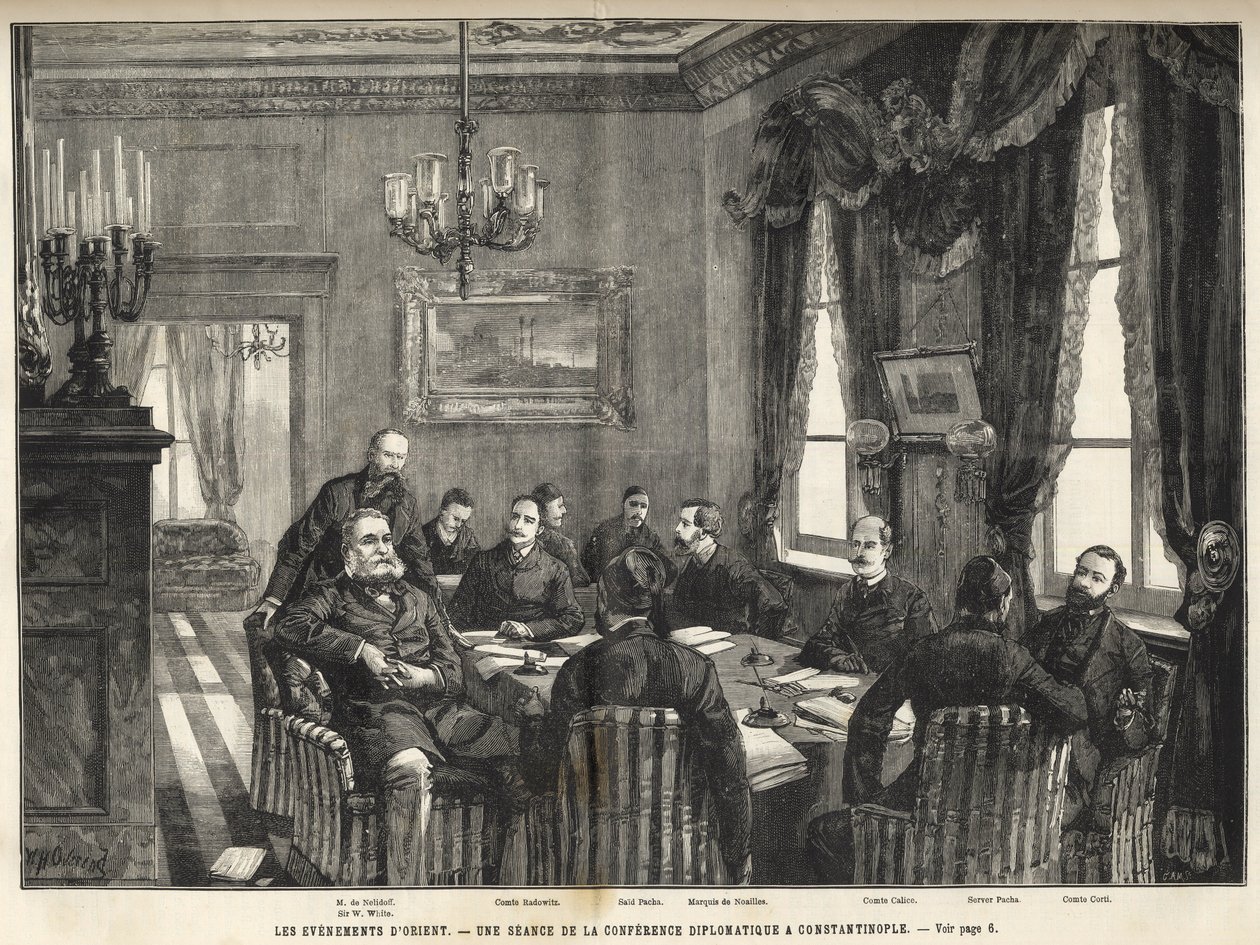 Uma reunião da Conferência Europeia de Constantinopla Guerra Sérvia-Búlgara, Turquia - Guerra Sérvia-Búlgara - Uma reunião da conferência diplomática em Constantinopla - 1885 - no ilustre universo de 1886 (Alexandre de Nalidov (Nelidoff) (1835-1910) - de Unknown artist