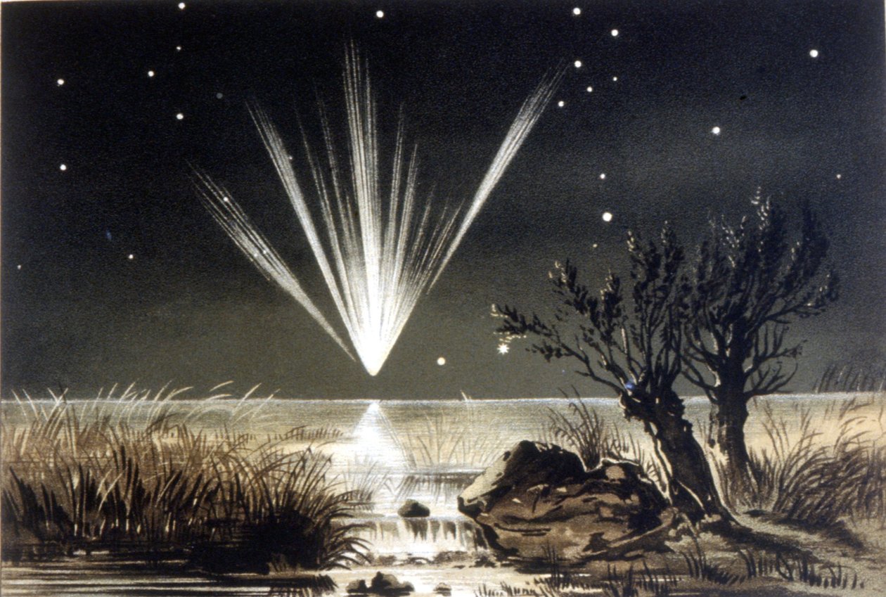 Um meteorito a cair no mar. Litografia a cores do final do século XIX. de Unknown artist