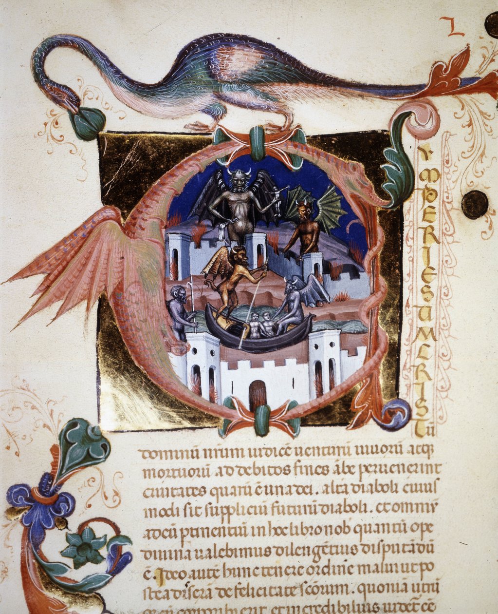 Uma letra "A" em miniatura representando a cidade do diabo. Manuscrito do século XIV "De Civitate Dei" de Santo Agostinho. Biblioteca Comunale di Rimini de Unknown artist