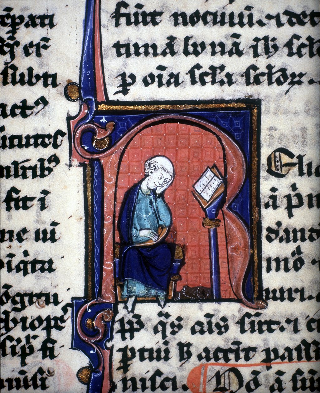 Uma letra em miniatura "R" representando um homem sábio, retirada de um manuscrito de Aristóteles. de Unknown artist