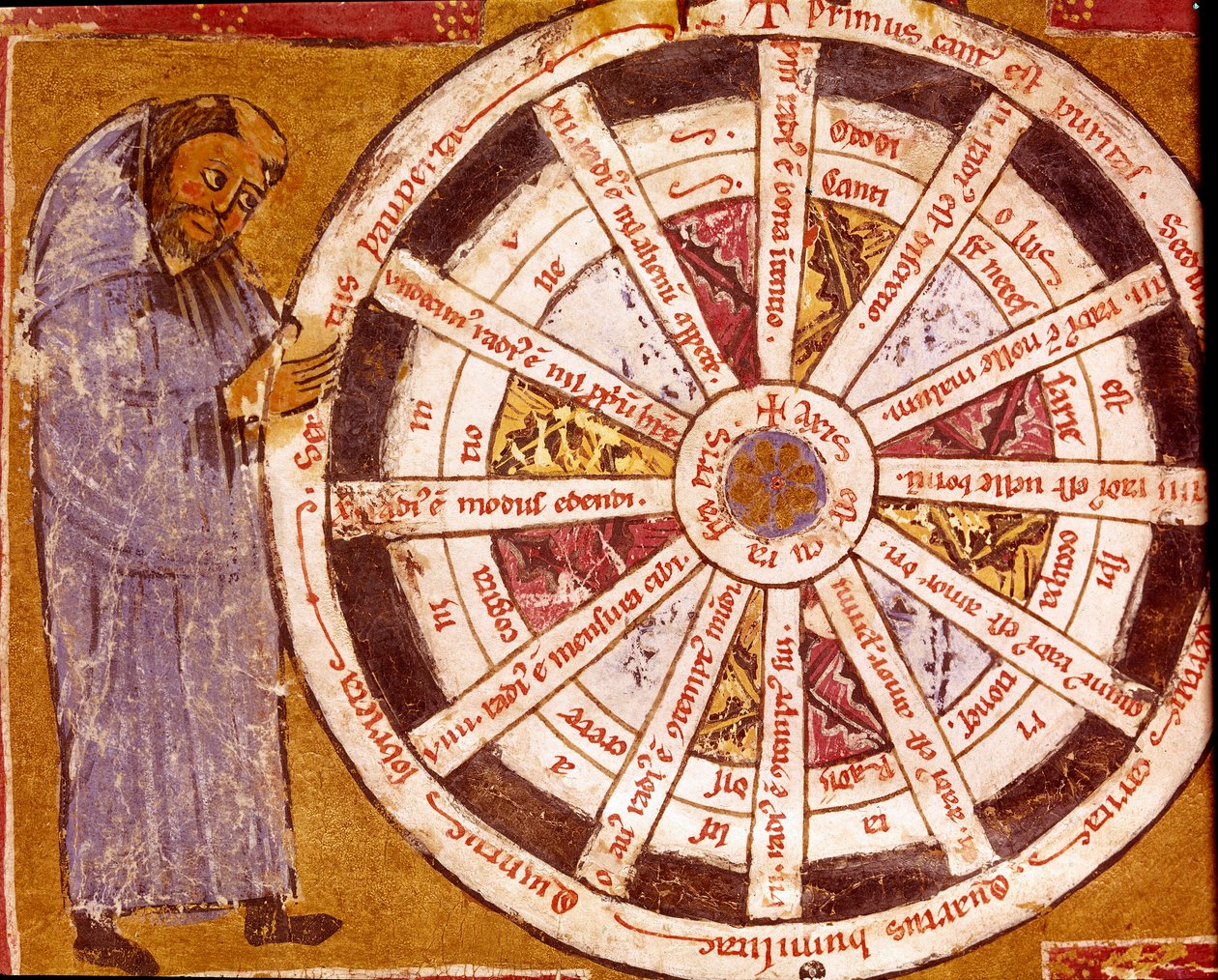 Um monge perto da roda da vida religiosa Miniatura das "Obras" de Hugo de Sancto Victore (Hugh de St. Victor) (ca. 1096- 1141) Século XII Biblioteca Governativa, Cremona de Unknown artist