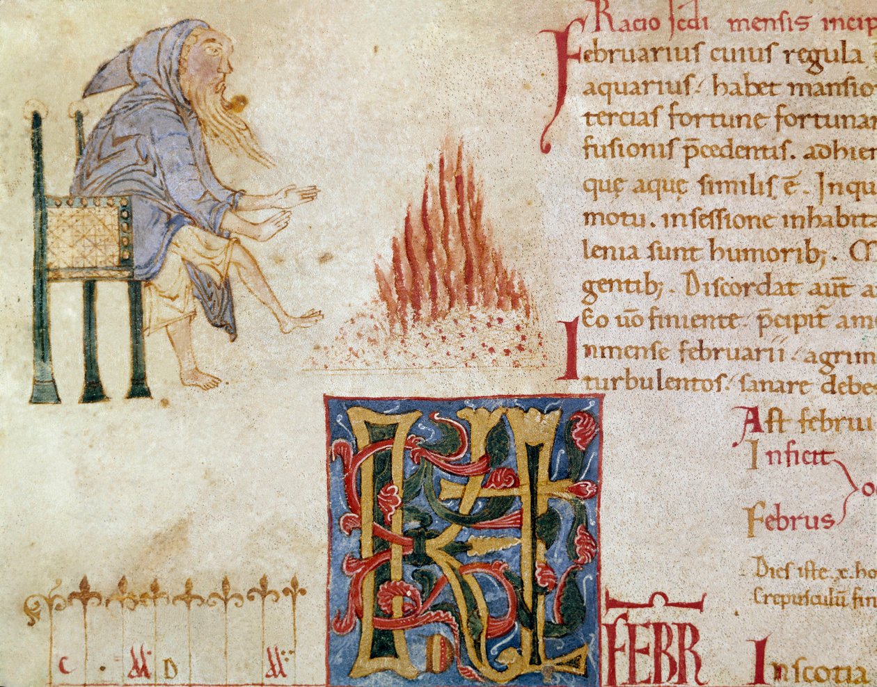 Um monge a aquecer os pés diante de um incêndio, mês de Fevereiro. (miniatura de Unknown artist