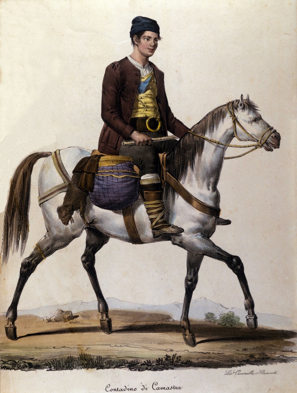 Um camponês a cavalo, nas proximidades da Camastra, na Sicília Gravura do século XIX de Unknown artist