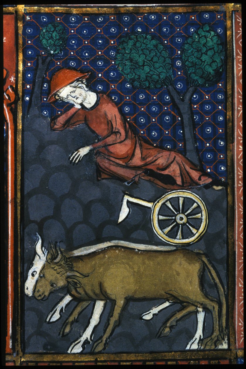 Um camponês em repouso, ao seu lado bois e um arado em miniatura do século XIV. de Unknown artist