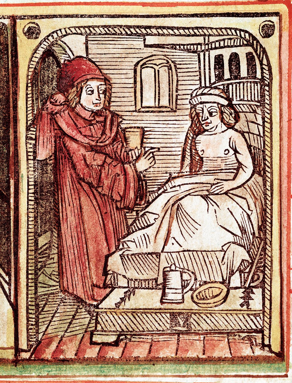 Um médico dá ao seu paciente um tratamento feito com plantas medicinais Gravura do "Tractatus de pestilentia" do século XV - Praga, Biblioteca Nacional de Unknown artist