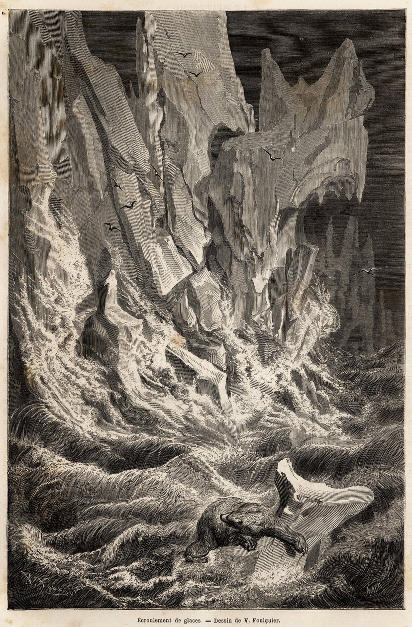Um urso polar deriva sobre um iceberg, após o colapso de um bloco de gelo de Spitzberg, um arquipélago do Oceano Ártico, desenho de V.Foulquier, para ilustrar o Spitzberg em 1838-1839, de Charles Martins. Gravura em "Le tour du monde", editado por de Unknown artist